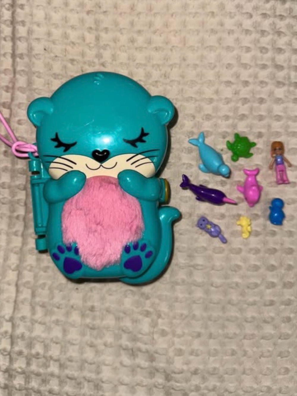 Polly Pocket-Cute Teal Otter Plush-Front with Pink Fur Accent